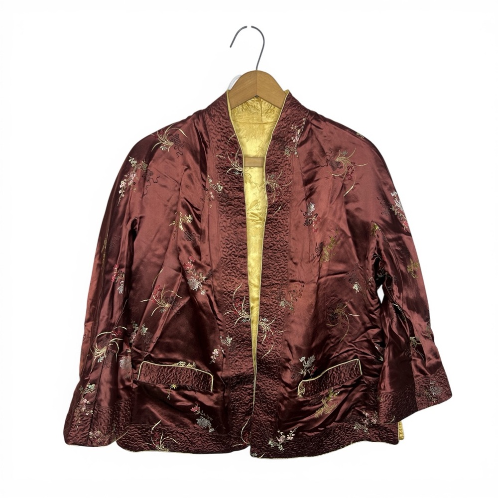 Vintage Reversible Brocade Satin Jacket Burgundy Gold Embroidered Asian Inspired